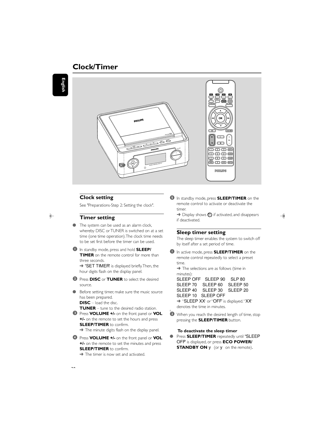 Philips MCD119/05 user manual Clock/Timer, Clock setting, Timer setting, Sleep timer setting, To deactivate the sleep timer 