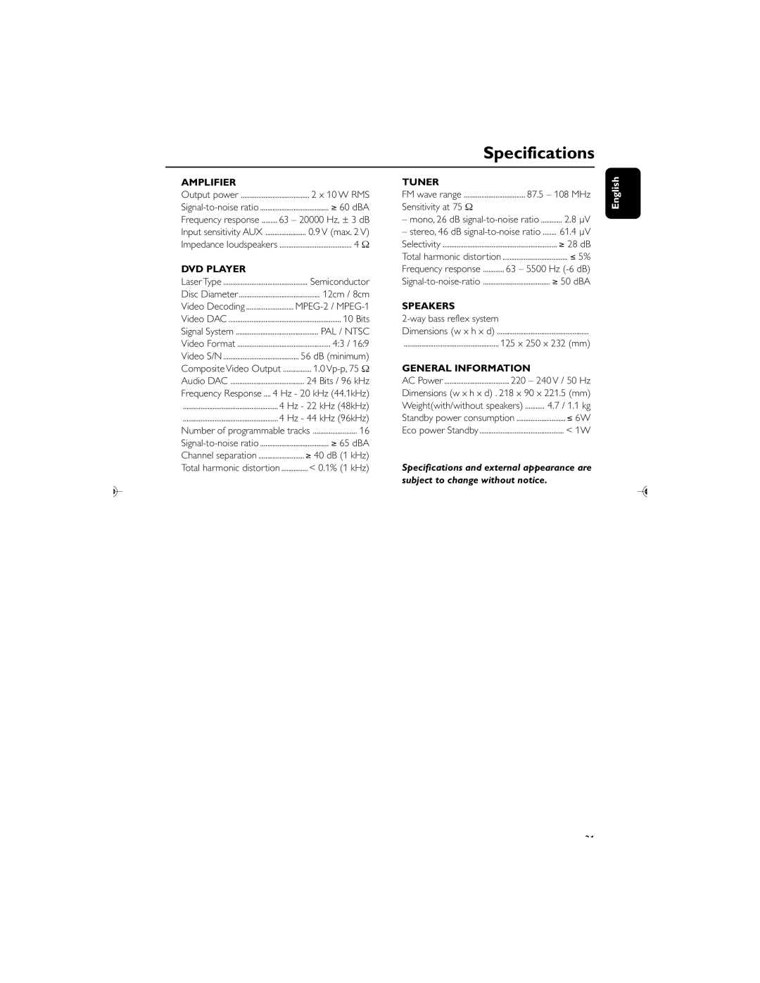 Philips MCD119/05 user manual Specifications 