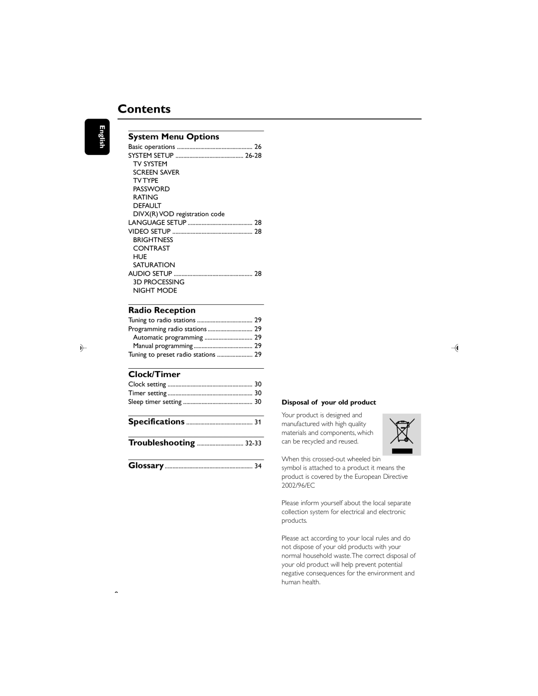 Philips MCD119/05 user manual System Menu Options, Radio Reception, Clock/Timer, Divxr VOD registration code 