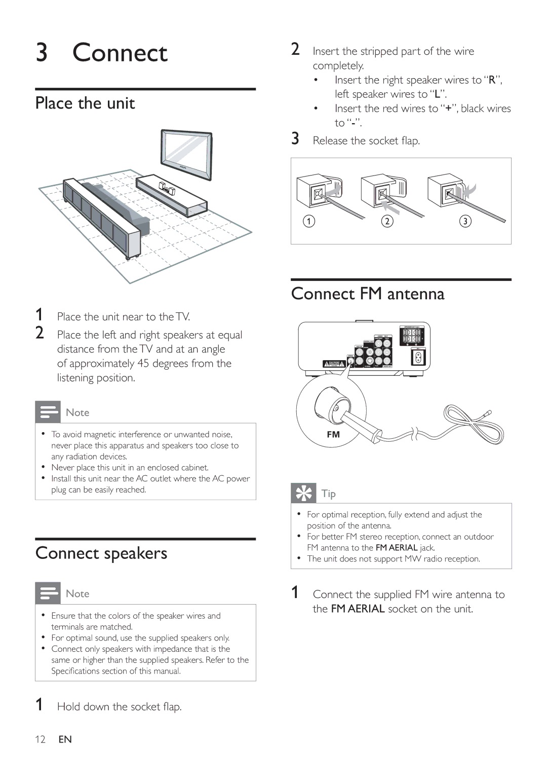 Philips MCD122 user manual Place the unit, Connect speakers, Connect FM antenna 