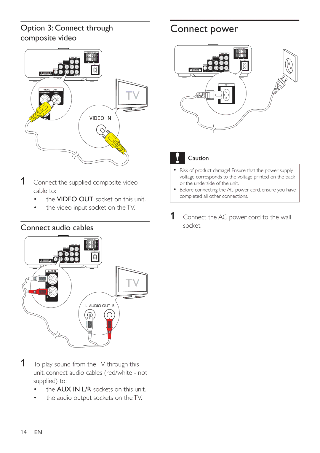 Philips MCD122 user manual Connect power, Option 3 Connect through composite video, Connect audio cables 