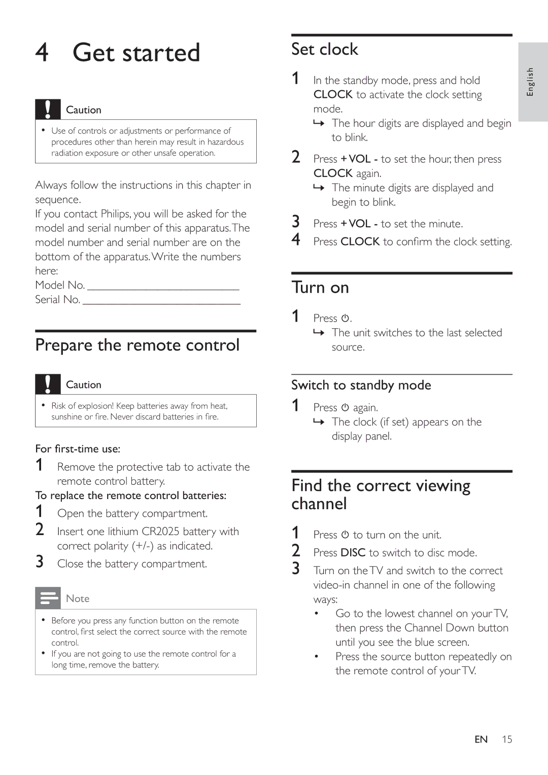 Philips MCD122 user manual Get started, Prepare the remote control, Set clock, Turn on, Find the correct viewing channel 