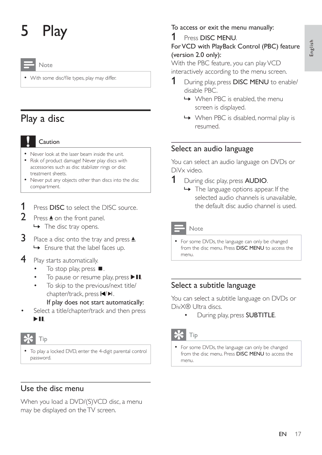 Philips MCD122 user manual Play a disc, Use the disc menu, Select an audio language, Select a subtitle language 