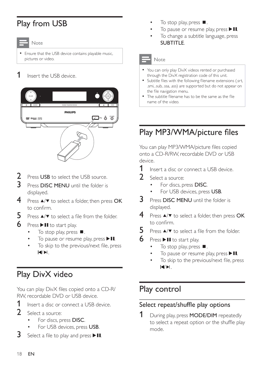 Philips MCD122 user manual Play from USB, Play DivX video, Play MP3/WMA/picture ﬁ les, Play control 