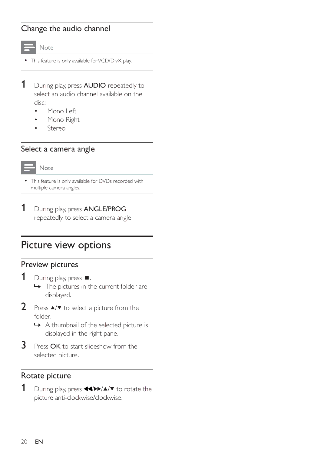 Philips MCD122 Picture view options, Change the audio channel, Select a camera angle, Preview pictures, Rotate picture 