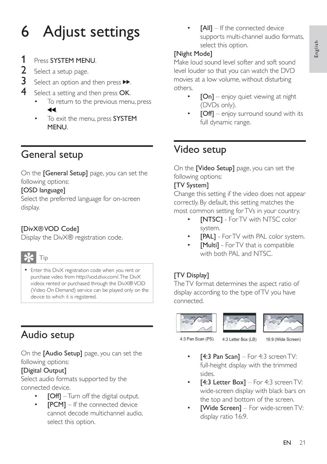 Philips MCD122 user manual Adjust settings, General setup, Audio setup, Video setup 