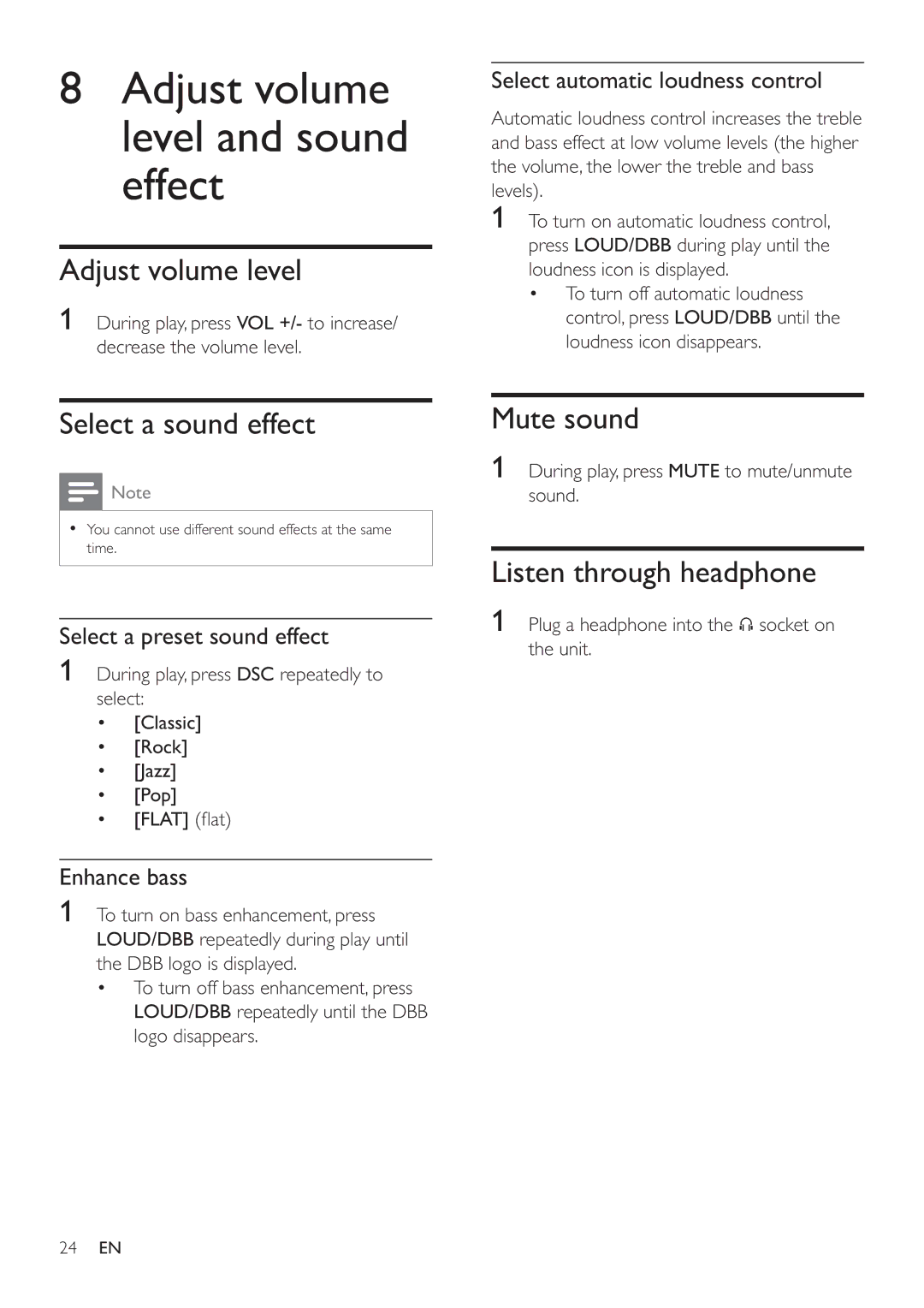 Philips MCD122 Adjust volume level and sound effect, Select a sound effect, Mute sound, Listen through headphone 