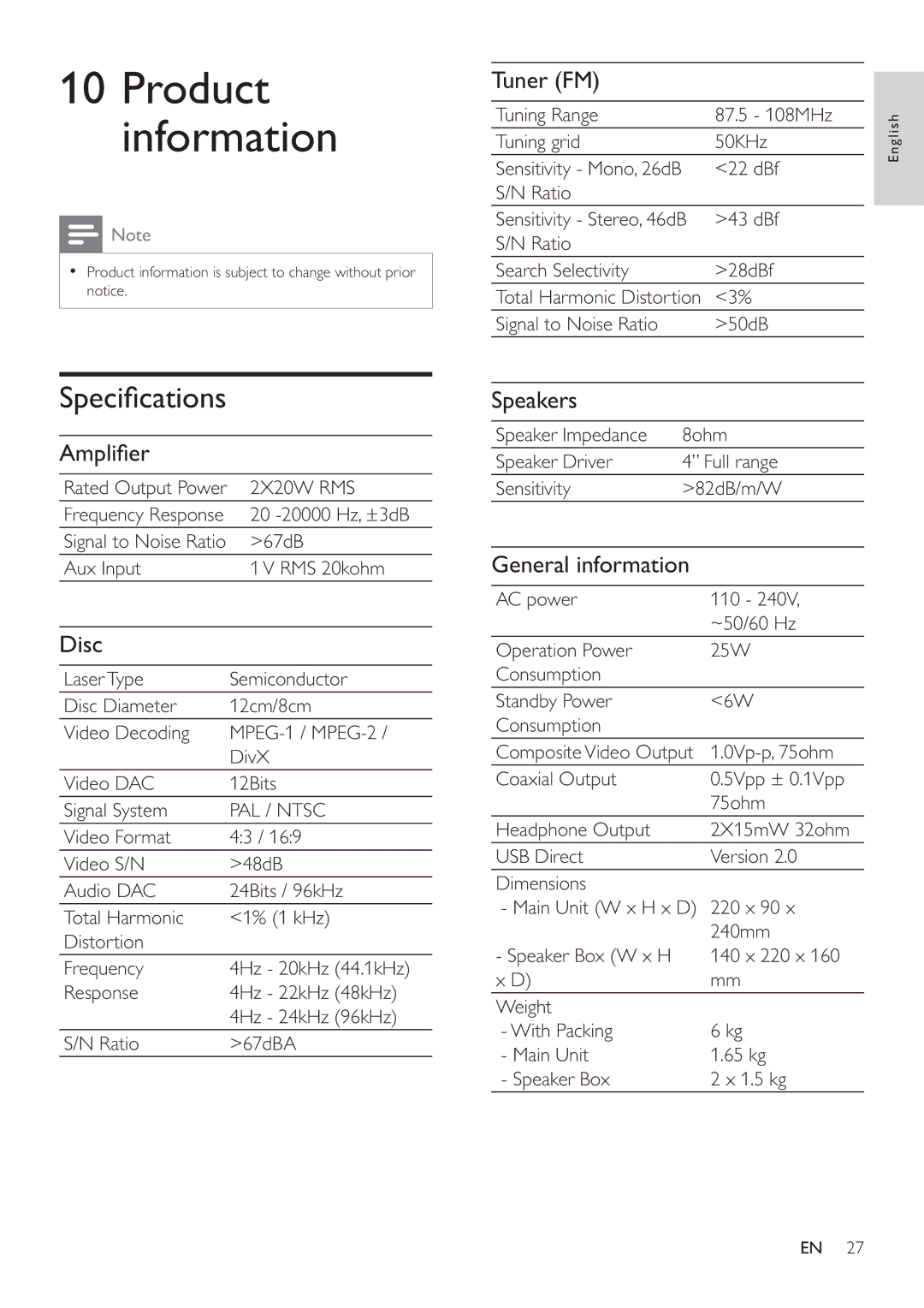 Philips MCD122 user manual Speciﬁ cations 