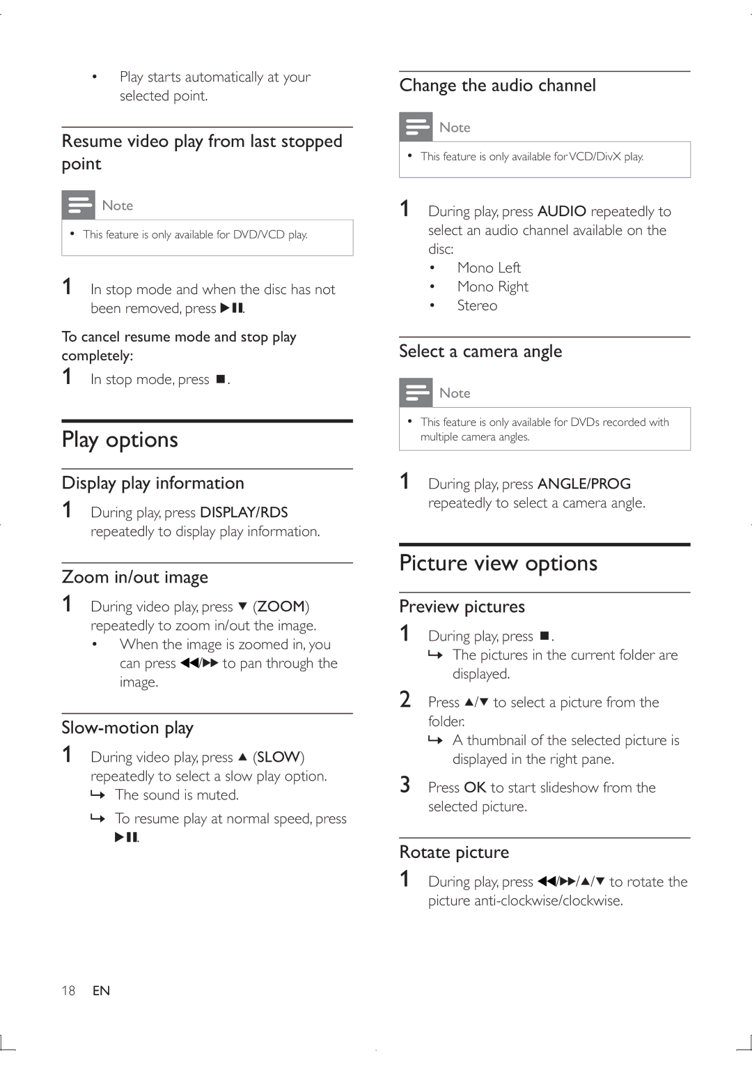 Philips MCD122 user manual Play options, Picture view options 