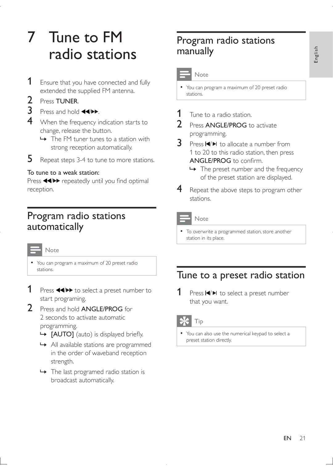 Philips MCD122 user manual Program radio stations Manually, Tune to a preset radio station, Angle/Prog 