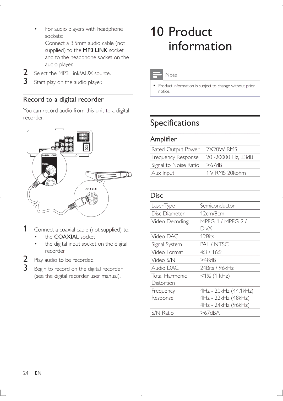 Philips MCD122 user manual Record to a digital recorder, Disc, 2X20W RMS, PAL / Ntsc 