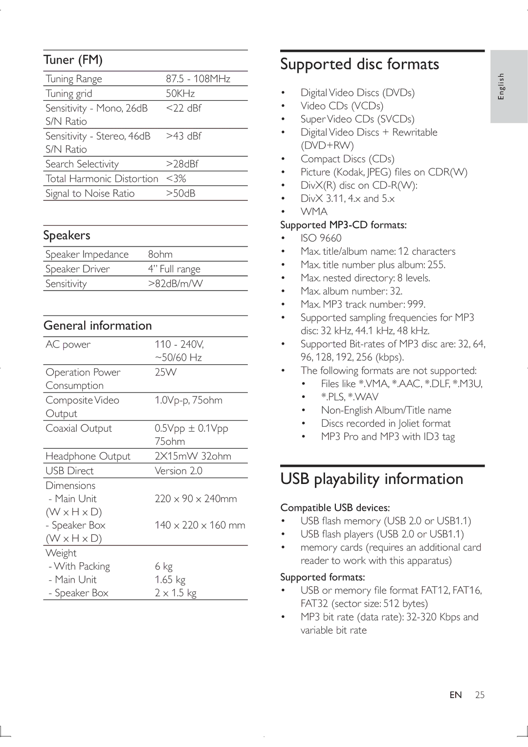 Philips MCD122 user manual Supported disc formats, USB playability information, Speakers, General information 