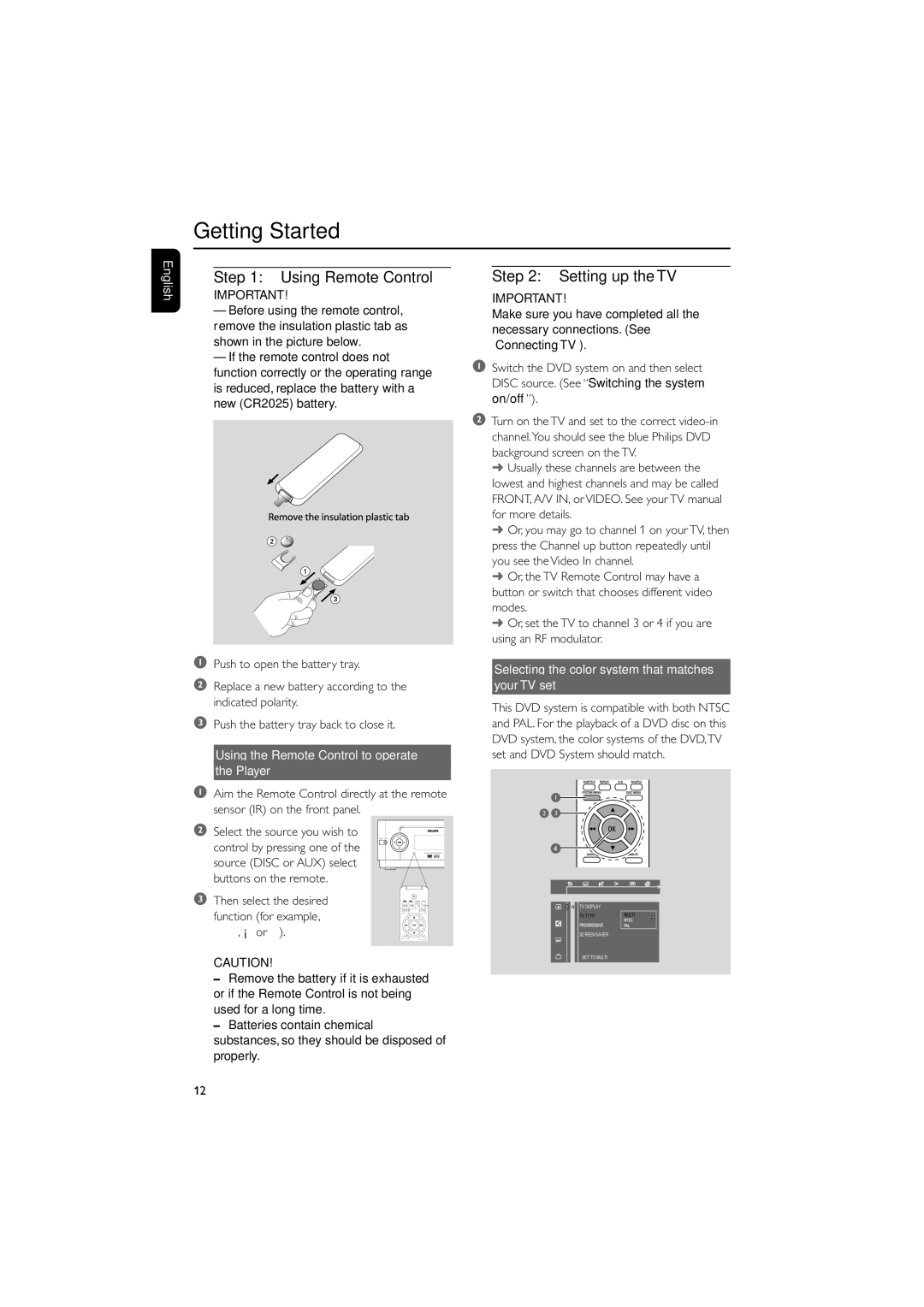 Philips MCD129 manual Getting Started, Using Remote Control, Setting up the TV, Using the Remote Control to operate Player 