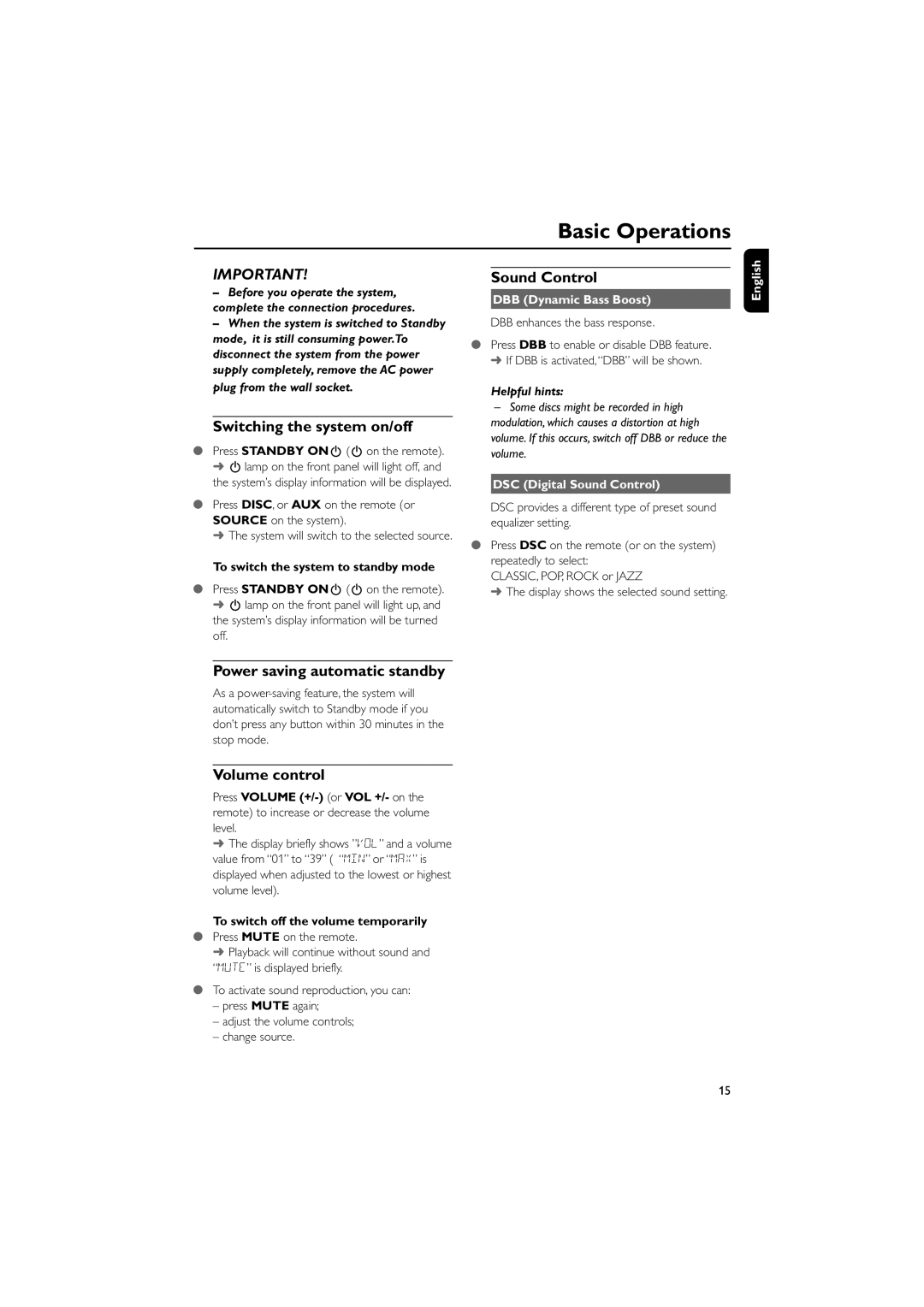 Philips MCD129 manual Basic Operations, Switching the system on/off, Power saving automatic standby, Volume control 