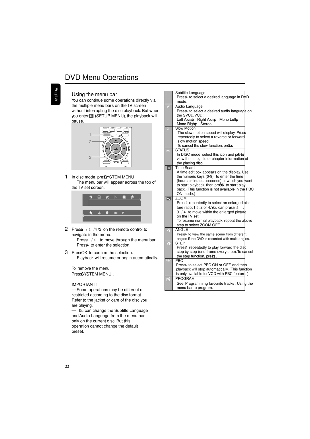 Philips MCD129 manual DVD Menu Operations, Using the menu bar, You enter Setup MENU, the playback will pause 