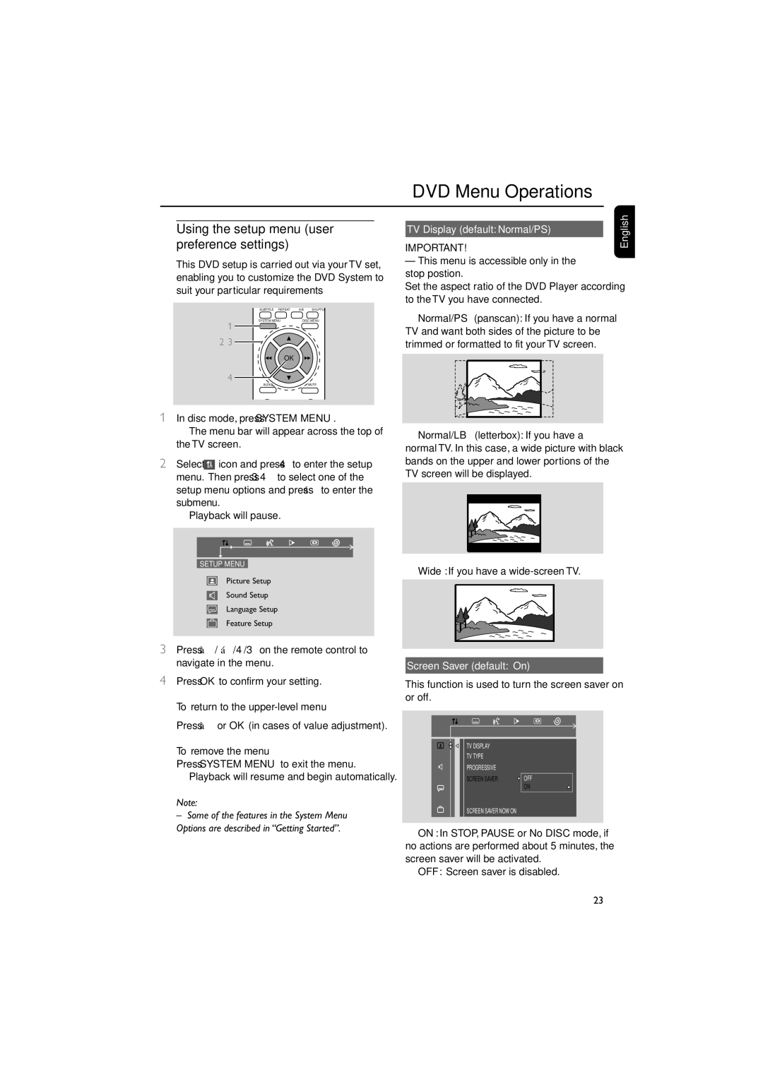 Philips MCD129 Using the setup menu user preference settings, To return to the upper-level menu, Screen Saver default On 