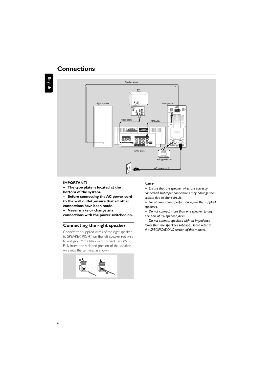 Philips MCD129 manual Connections, Connecting the right speaker, Type plate is located at the bottom of the system 