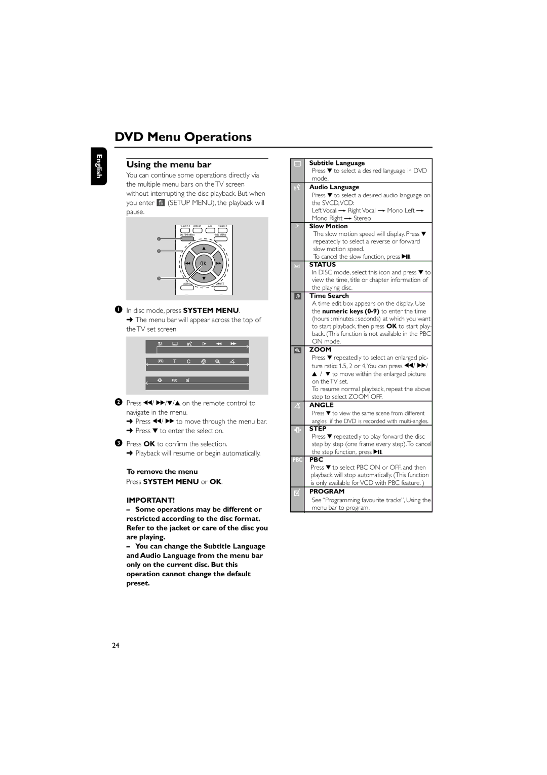 Philips MCD129/93 manual DVD Menu Operations, Using the menu bar, You enter Setup MENU, the playback will pause 