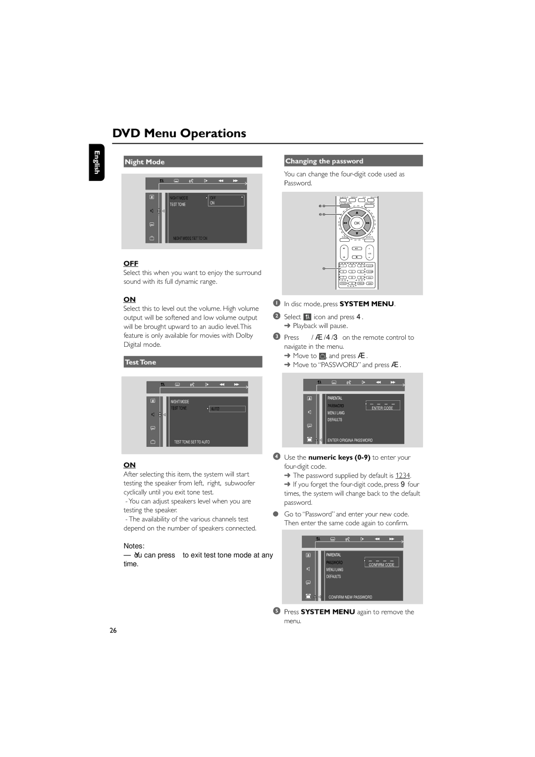 Philips MCD129/93 manual English Night Mode, Off, Test Tone Changing the password 