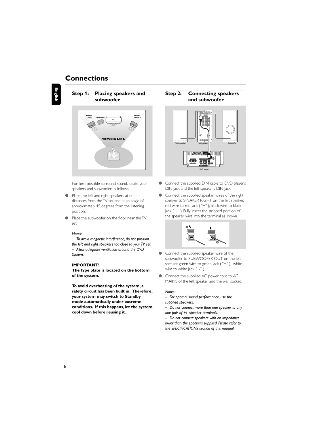 Philips MCD129/93 manual Connections, Placing speakers, Connecting speakers and subwoofer 