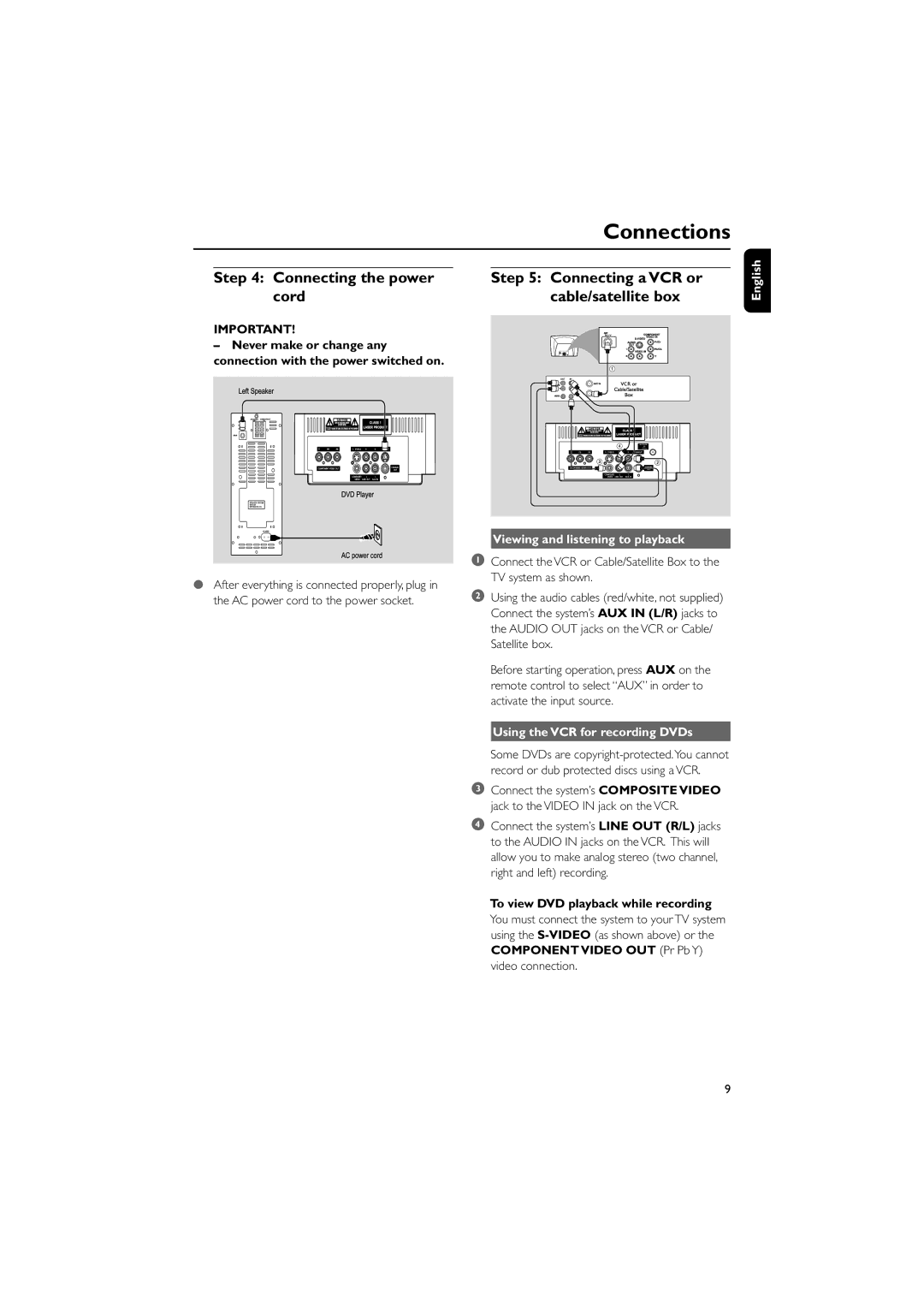 Philips MCD129/93 Connecting the power cord, Connecting a VCR or cable/satellite box, Viewing and listening to playback 