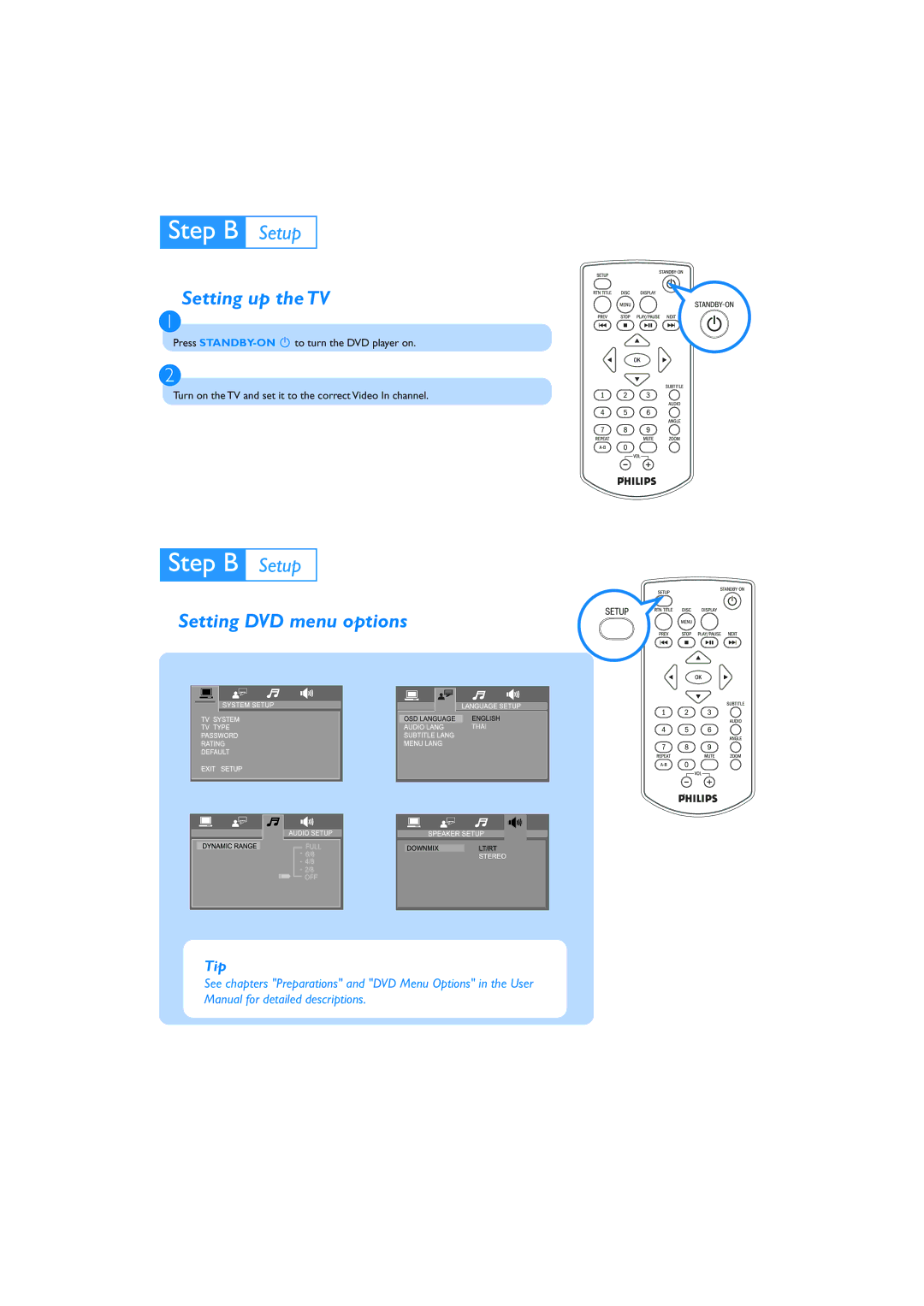 Philips MCD137 quick start Setting up the TV, Setting DVD menu options 