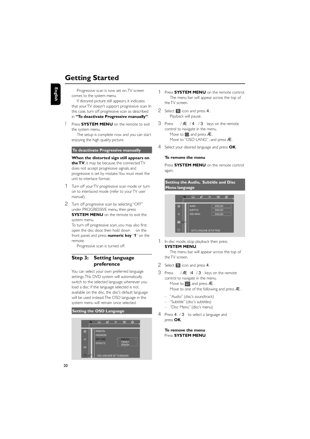 Philips MCD139 owner manual Setting language preference, To deactivate Progressive manually, Setting the OSD Language 