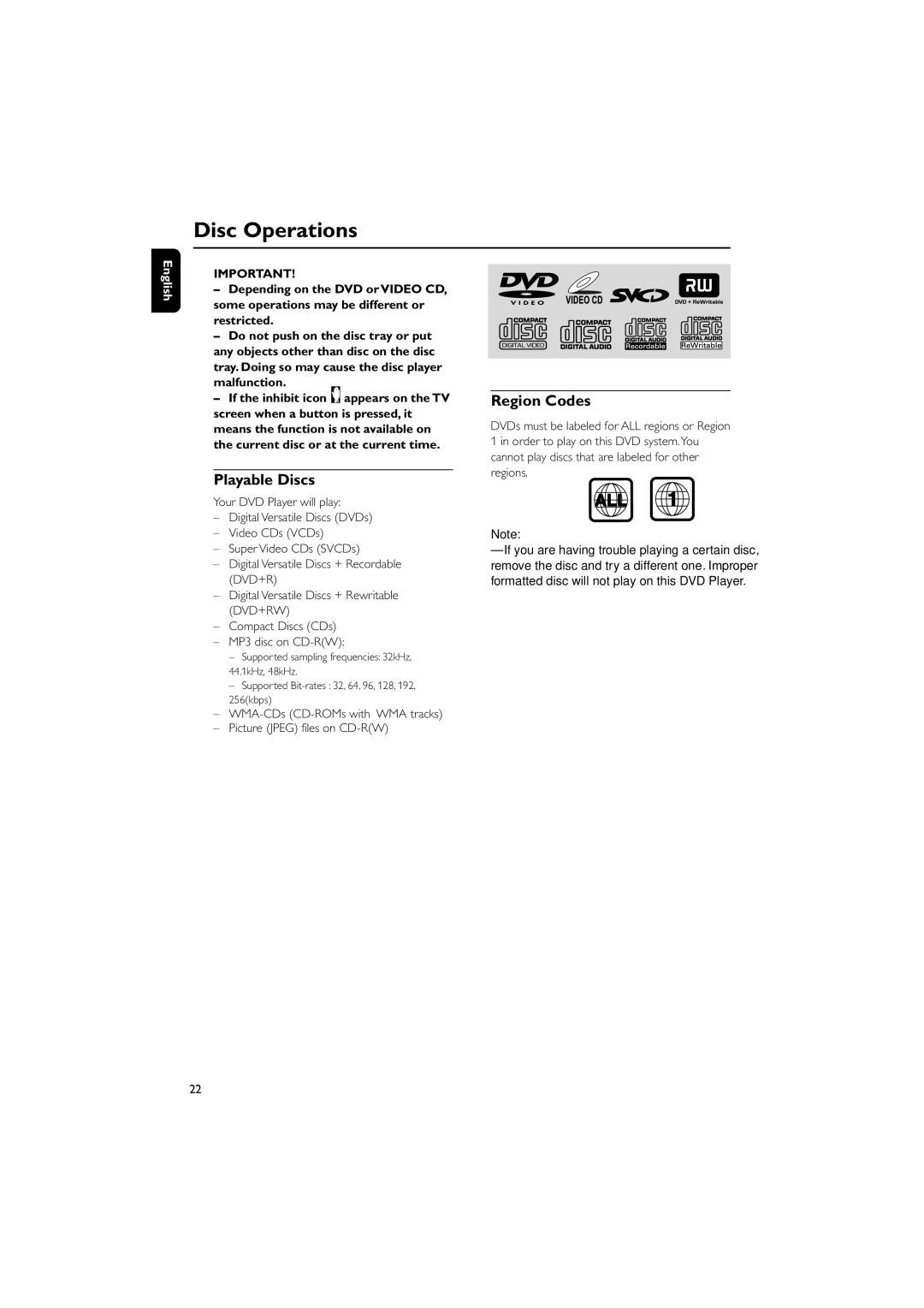 Philips MCD139 Disc Operations, Playable Discs, Region Codes, WMA-CDs CD-ROMs with WMA tracks Picture Jpeg files on CD-RW 