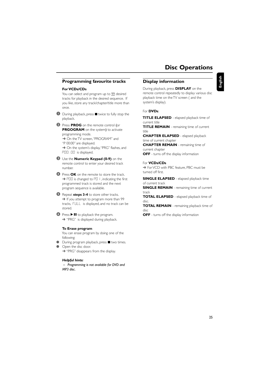 Philips MCD139 Programming favourite tracks, Display information, Chapter Elapsed elapsed playback time of current chapter 