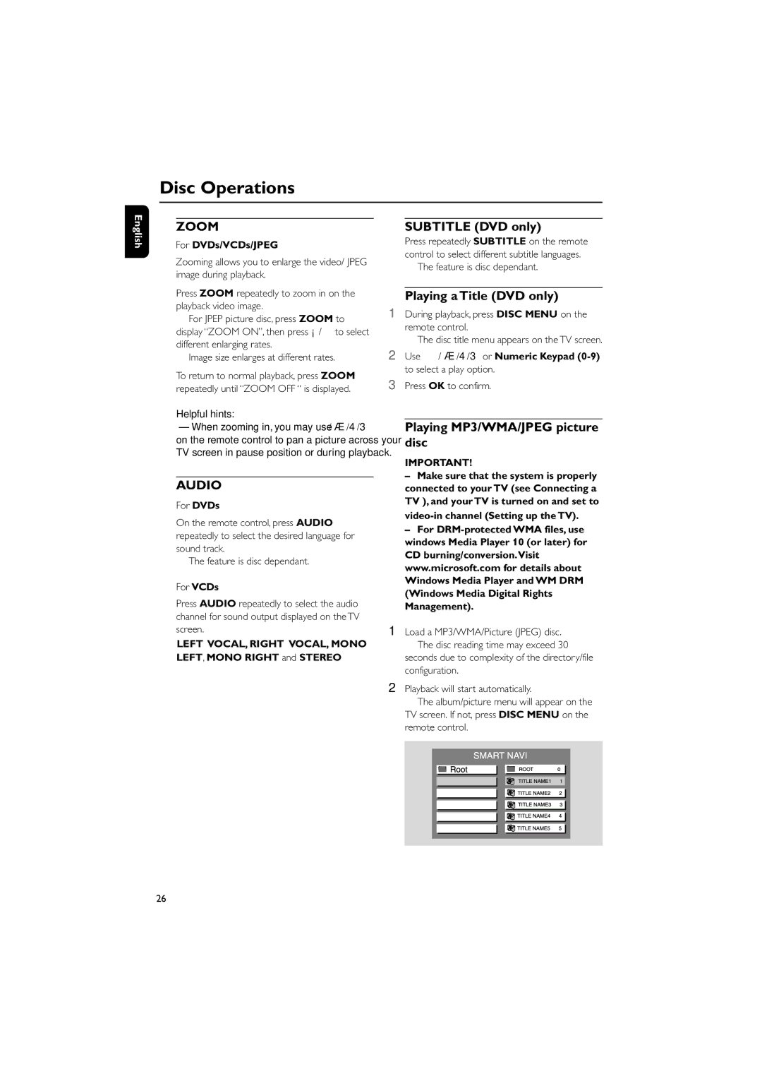 Philips MCD139 owner manual Subtitle DVD only, Playing a Title DVD only, Playing MP3/WMA/JPEG picture disc 