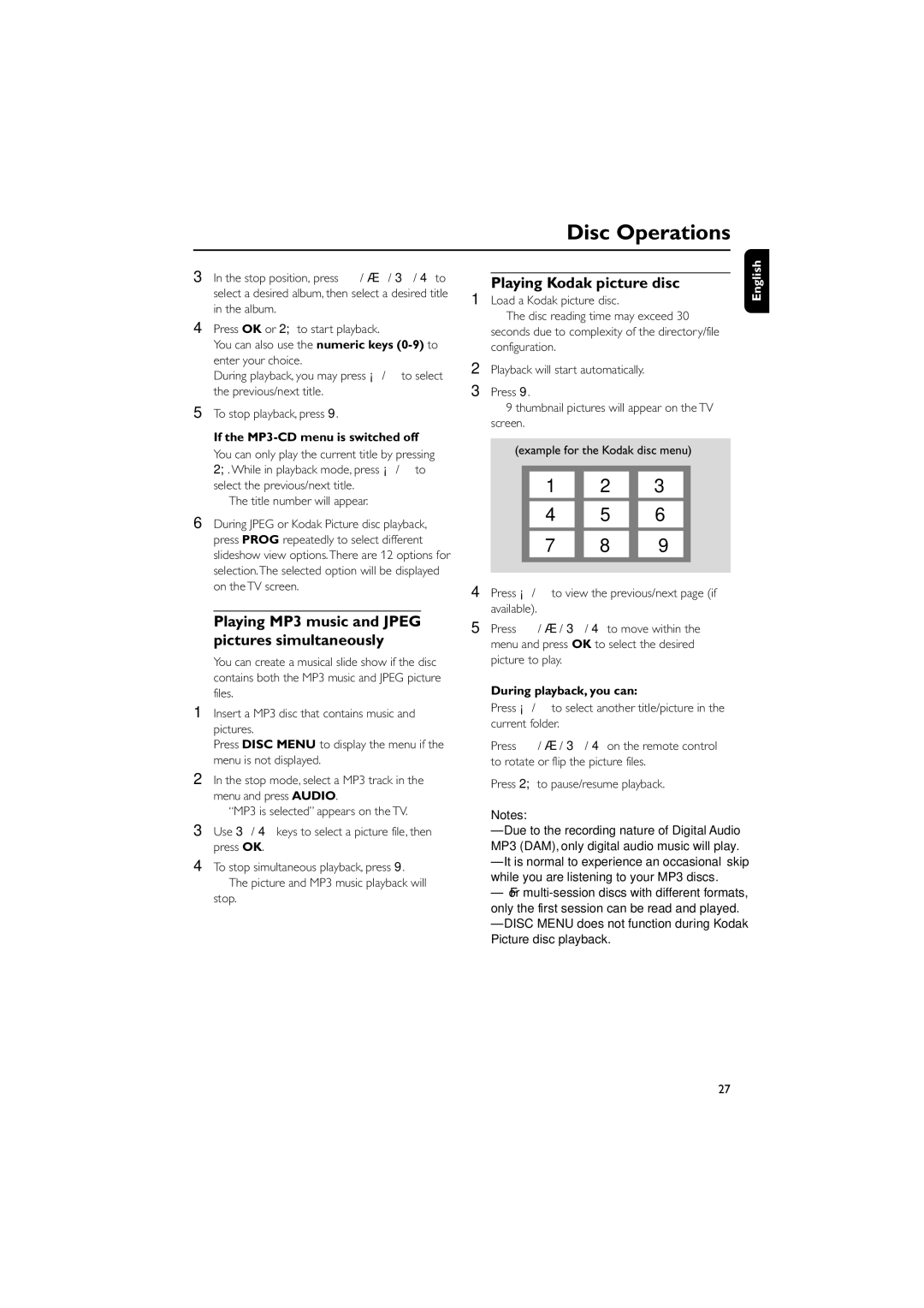 Philips MCD139 owner manual Playing Kodak picture disc, If the MP3-CD menu is switched off, Title number will appear 