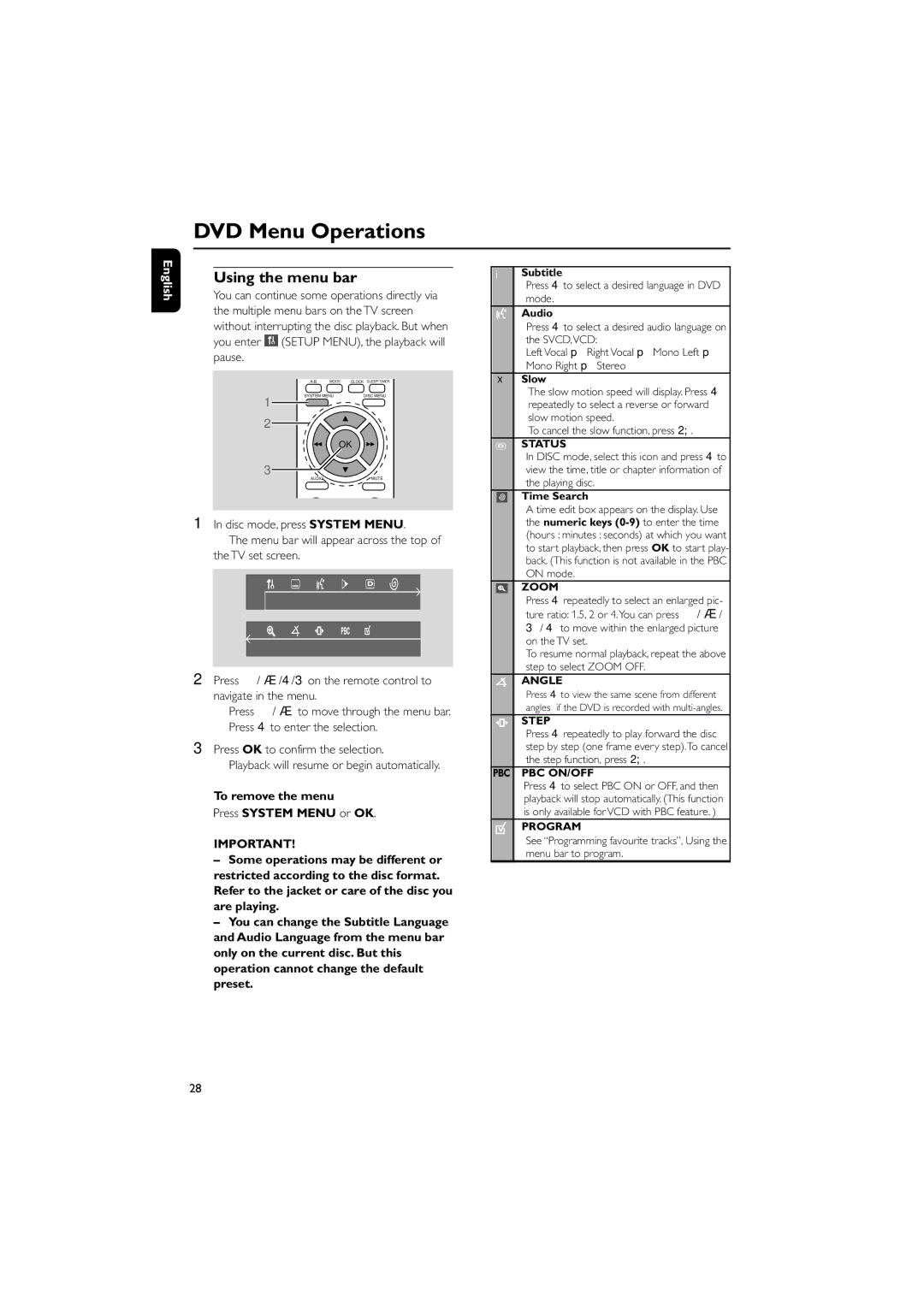 Philips MCD139 owner manual DVD Menu Operations, Using the menu bar 