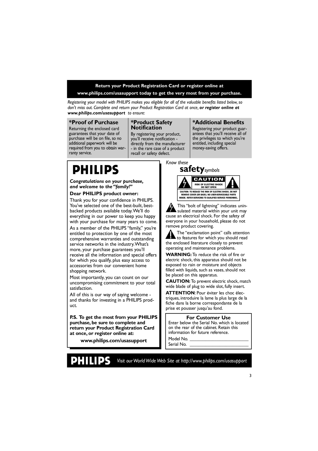 Philips MCD139 owner manual Dear Philips product owner, For Customer Use 