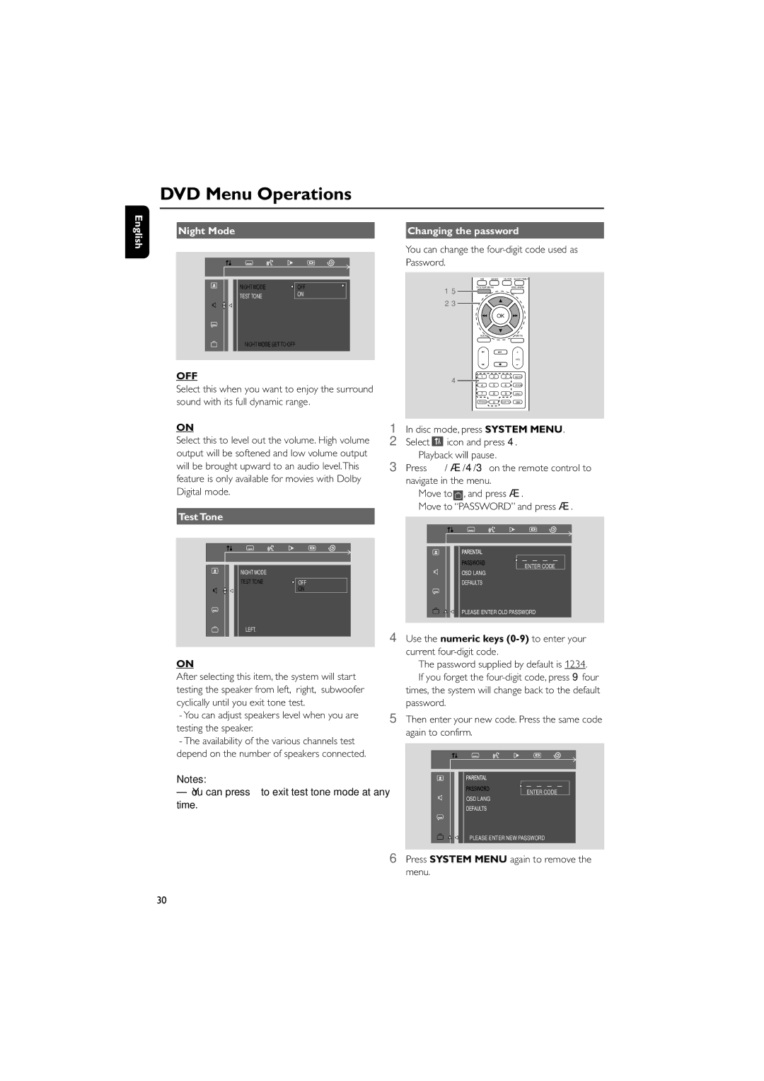 Philips MCD139 owner manual English Night Mode, Off, Test Tone, Changing the password 