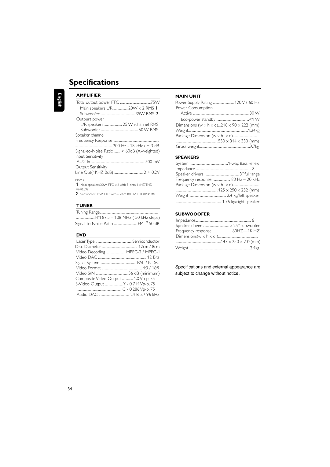 Philips MCD139 owner manual Specifications 