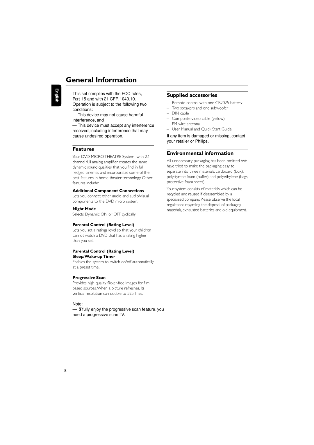 Philips MCD139 owner manual General Information, Supplied accessories, Features, Environmental information 