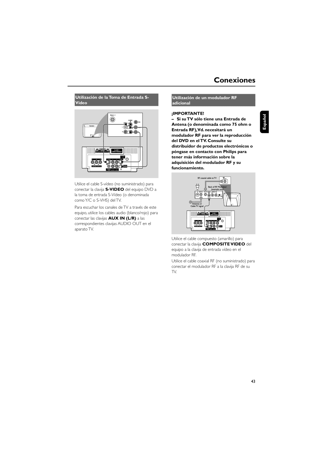 Philips MCD139 user manual Utilización de la Toma de Entrada S Vídeo, Utilización de un modulador RF Adicional 