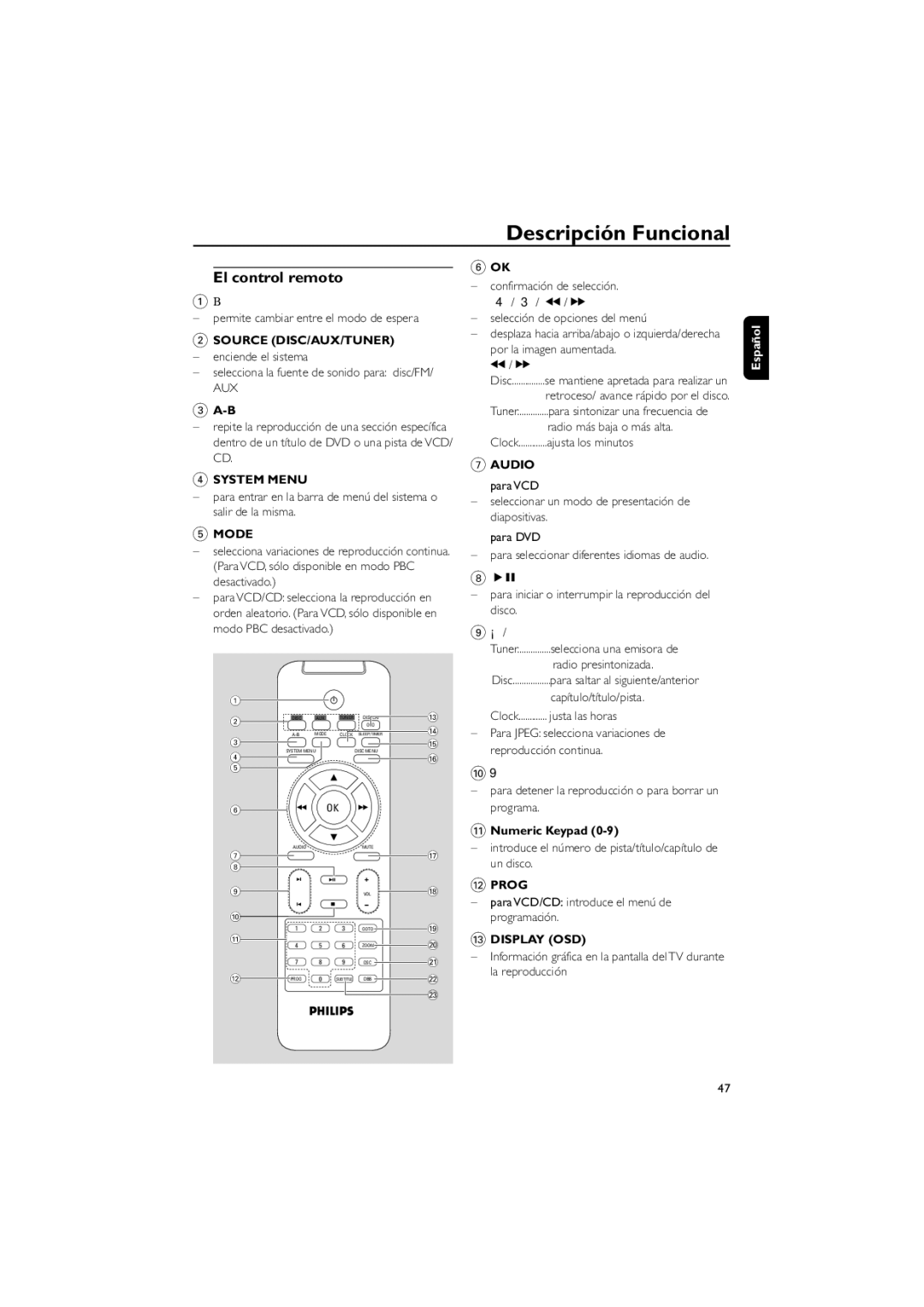 Philips MCD139 user manual El control remoto, System Menu, Audio, @ Prog, # Display OSD 