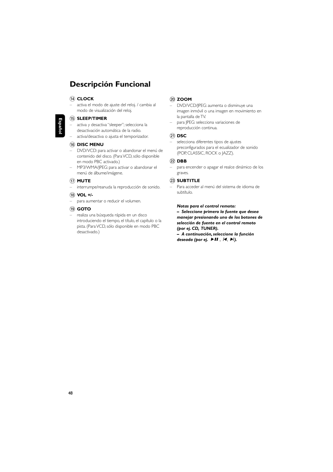 Philips MCD139 user manual $ Clock, Sleep/Timer, Disc Menu, Mute, Goto, Zoom, ¡ Dsc, £ Subtitle 