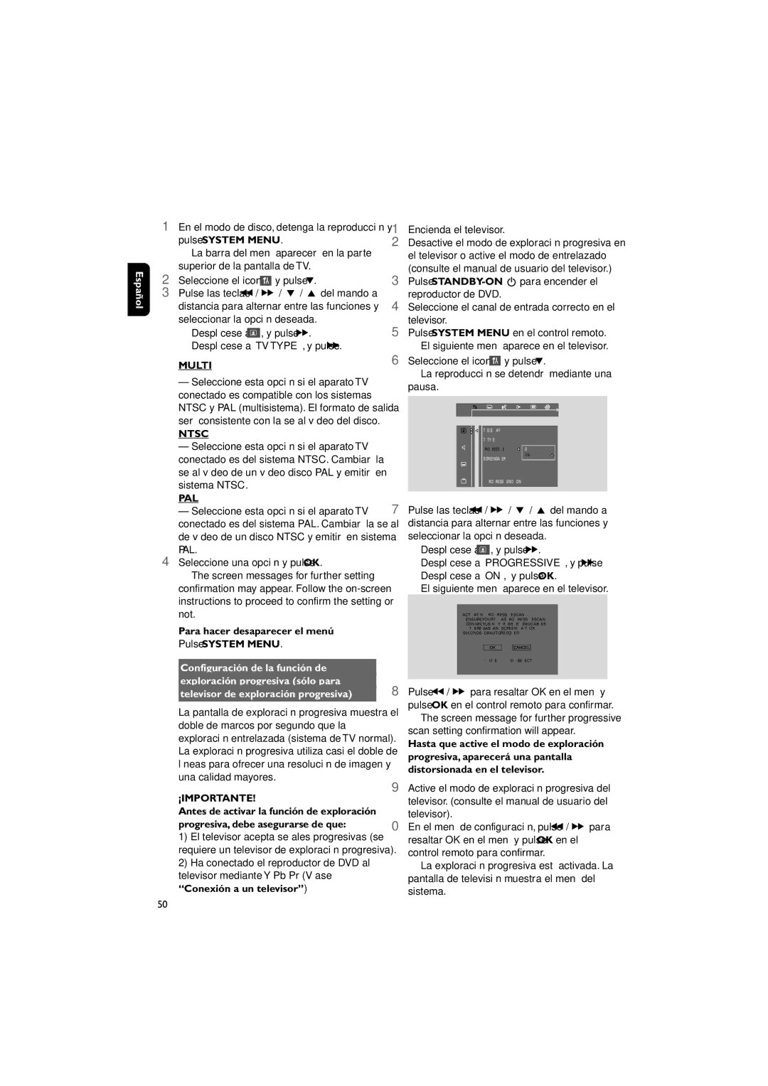 Philips MCD139 Multi, Ntsc, Pal, Para hacer desaparecer el menú Pulse System Menu, Televisor de exploración progresiva 