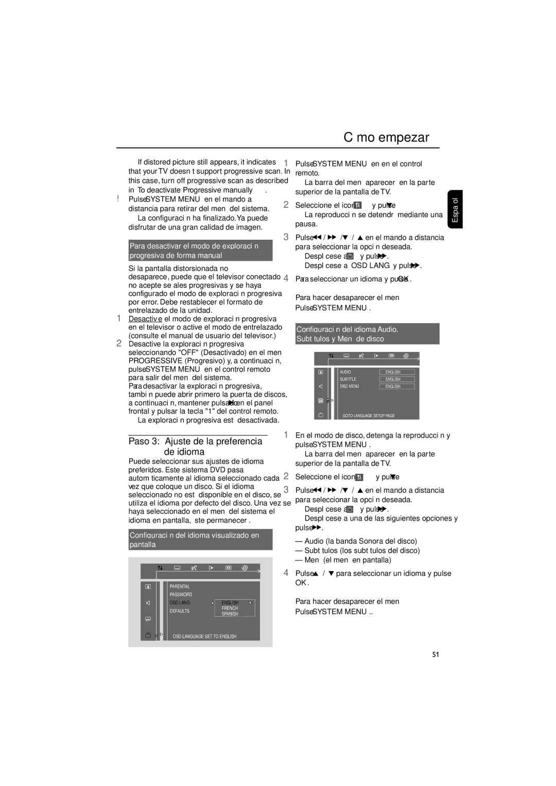 Philips MCD139 user manual Paso 3 Ajuste de la preferencia de idioma, Consulte el manual de usuario del televisor 