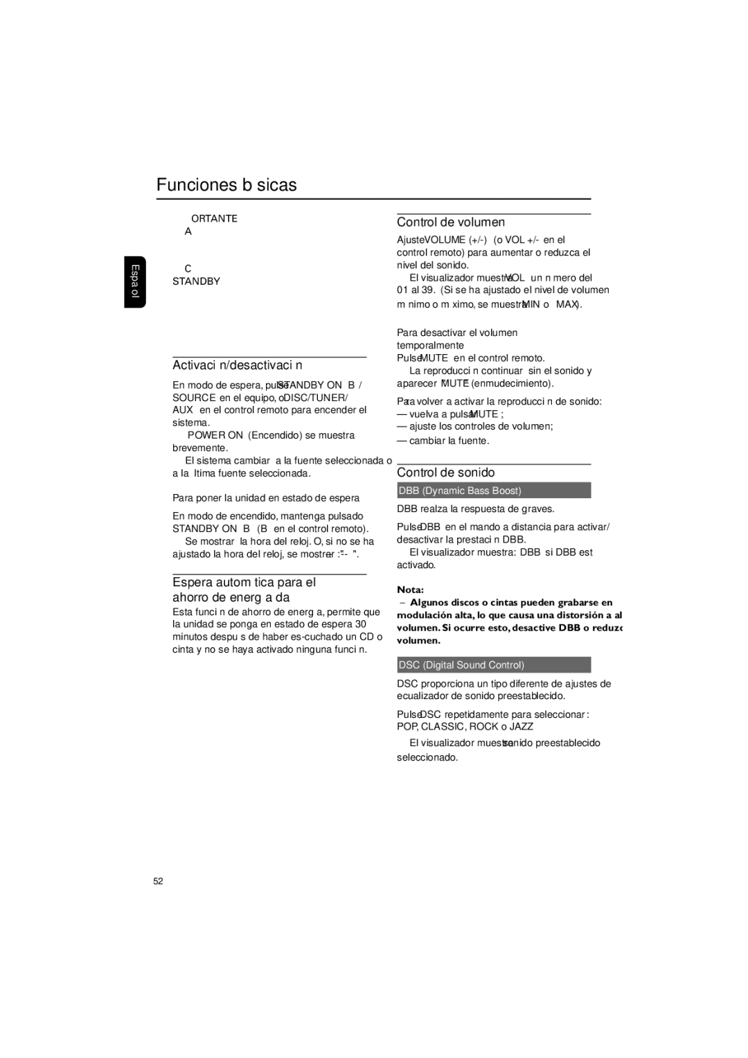 Philips MCD139 user manual Funciones básicas, Activación/desactivación, Control de volumen, Control de sonido 