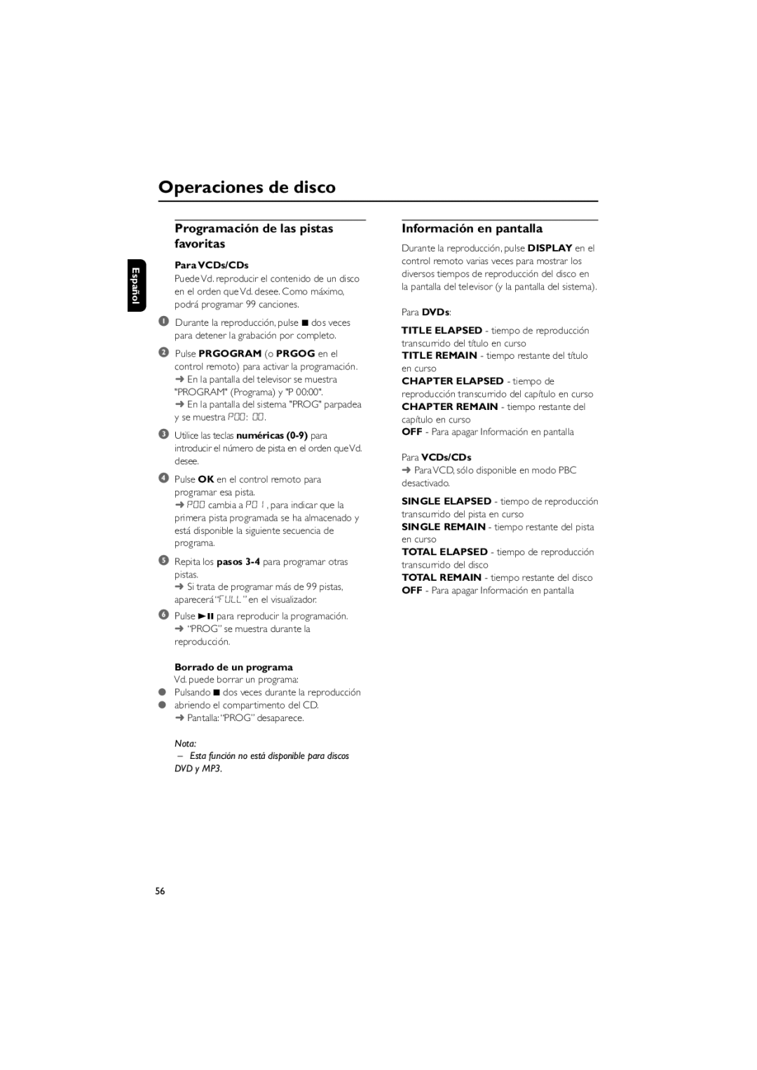 Philips MCD139 Programación de las pistas favoritas, Información en pantalla, Para VCDs/CDs, Borrado de un programa 