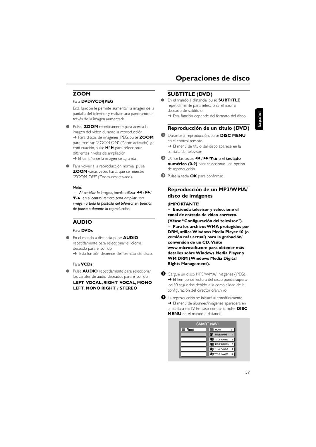 Philips MCD139 user manual Reproducción de un título DVD, Reproducción de un MP3/WMA/ disco de imágenes, Para DVD/VCD/JPEG 