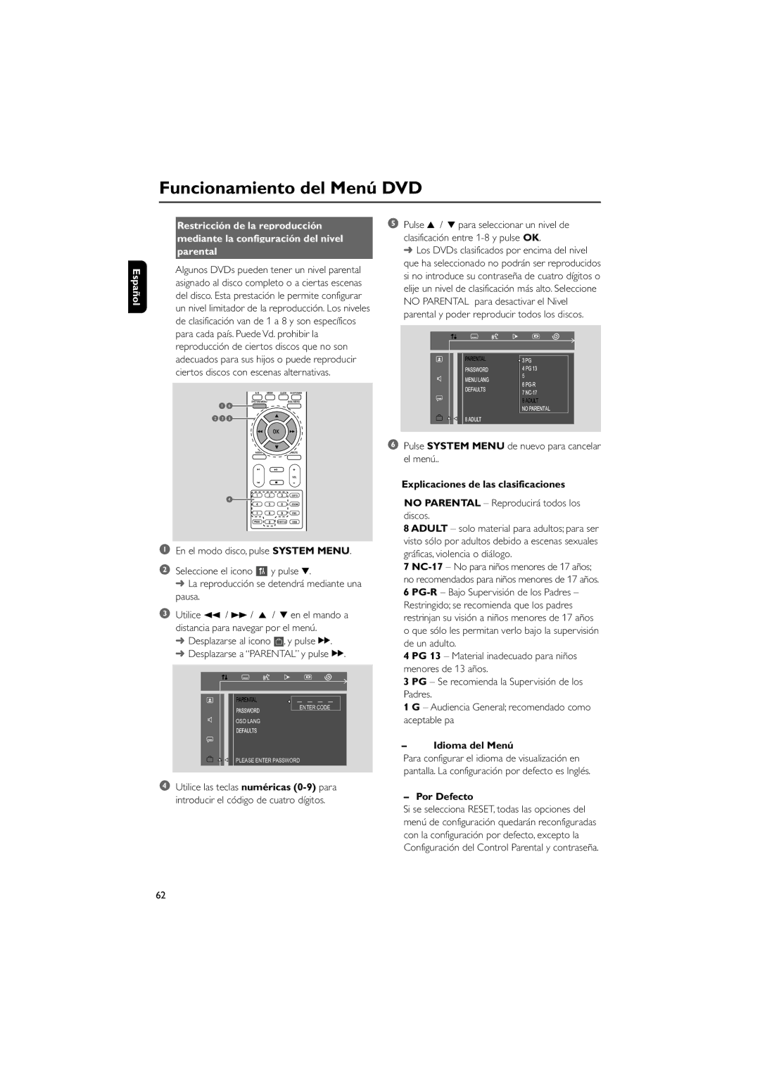 Philips MCD139 user manual Discos, Idioma del Menú, Por Defecto 