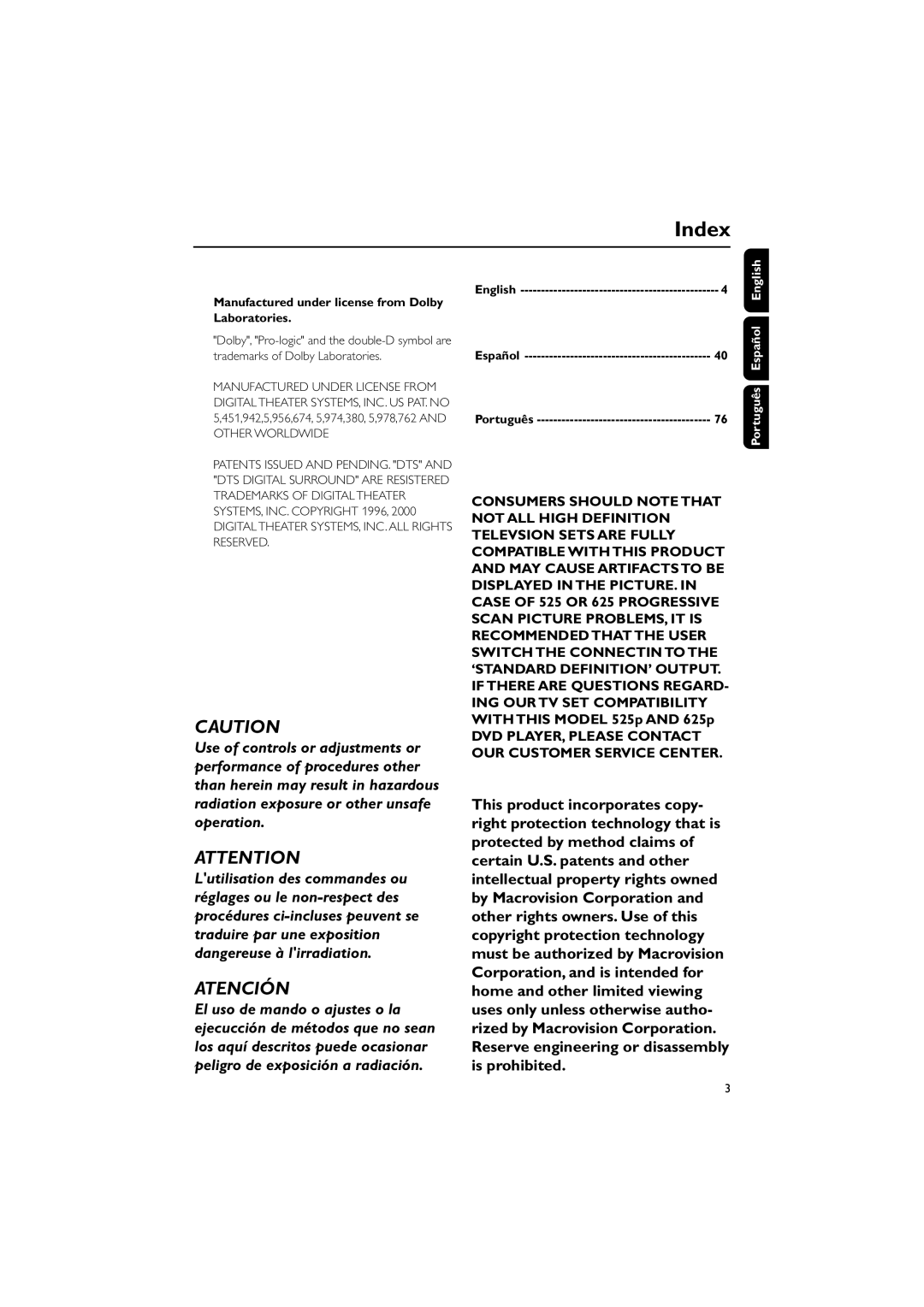 Philips MCD139 user manual Index, Manufactured under license from Dolby Laboratories, Português Español English 