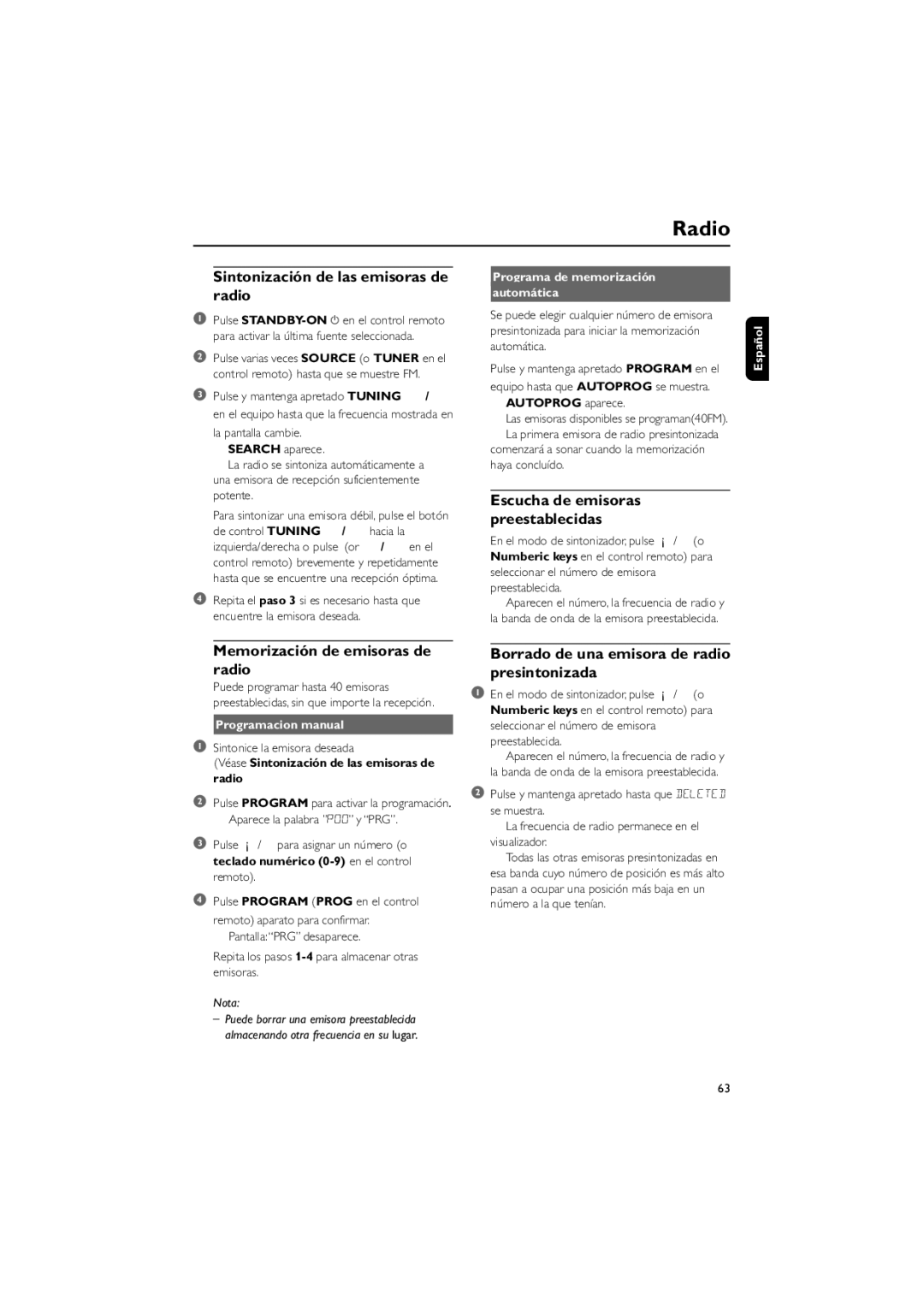 Philips MCD139 user manual Radio, Sintonización de las emisoras de radio, Escucha de emisoras preestablecidas 