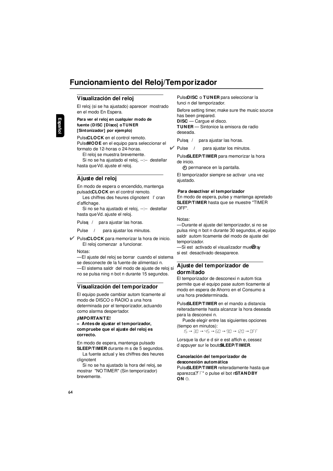 Philips MCD139 user manual Funcionamiento del Reloj/Temporizador 