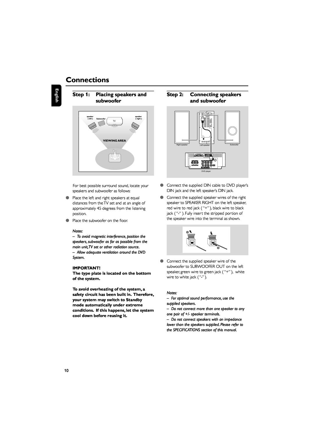 Philips MCD139 owner manual Connections, Placing speakers and subwoofer, Connecting speakers and subwoofer, English, Notes 