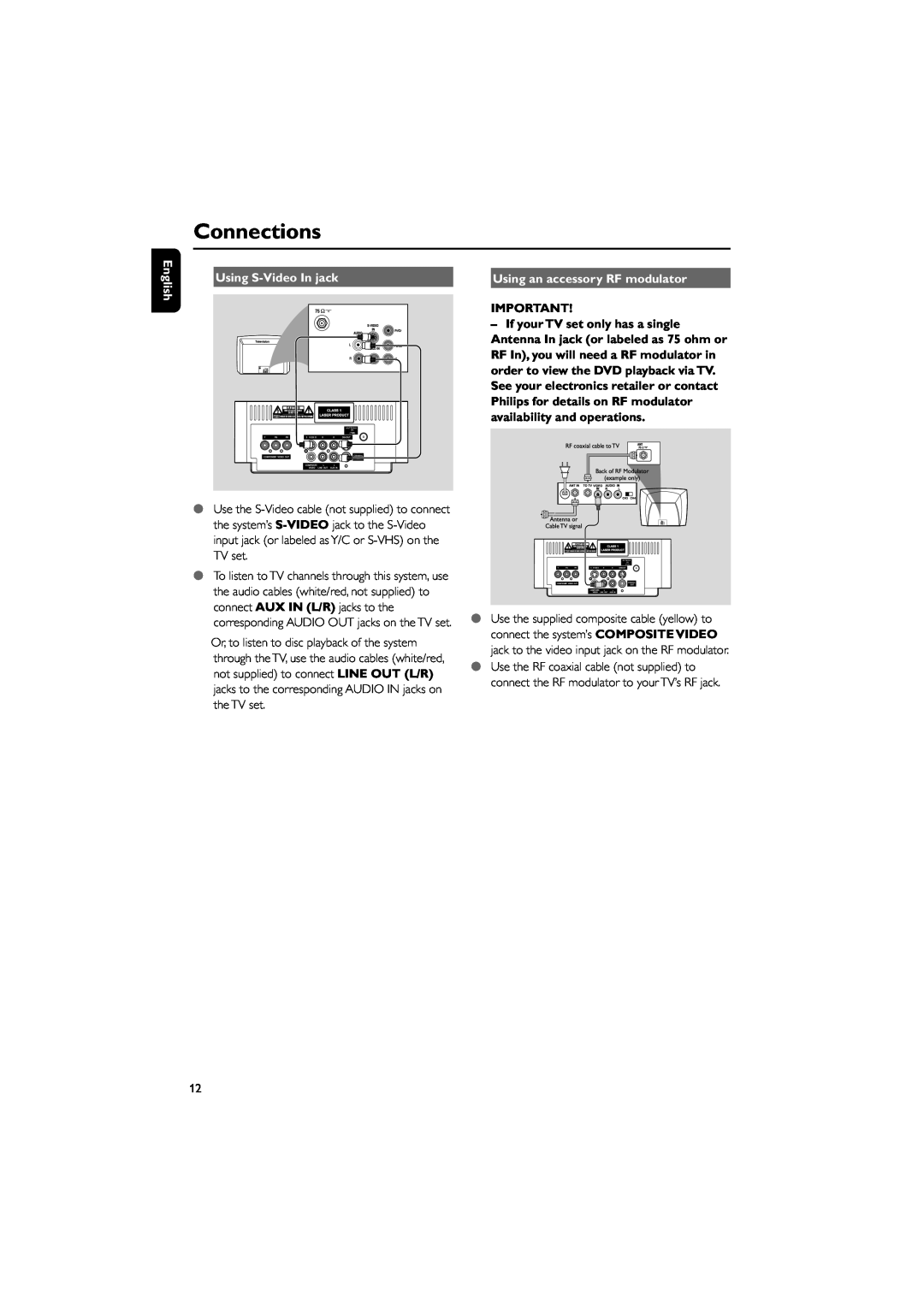 Philips MCD139 owner manual Connections, English, Using S-VideoIn jack, Using an accessory RF modulator 